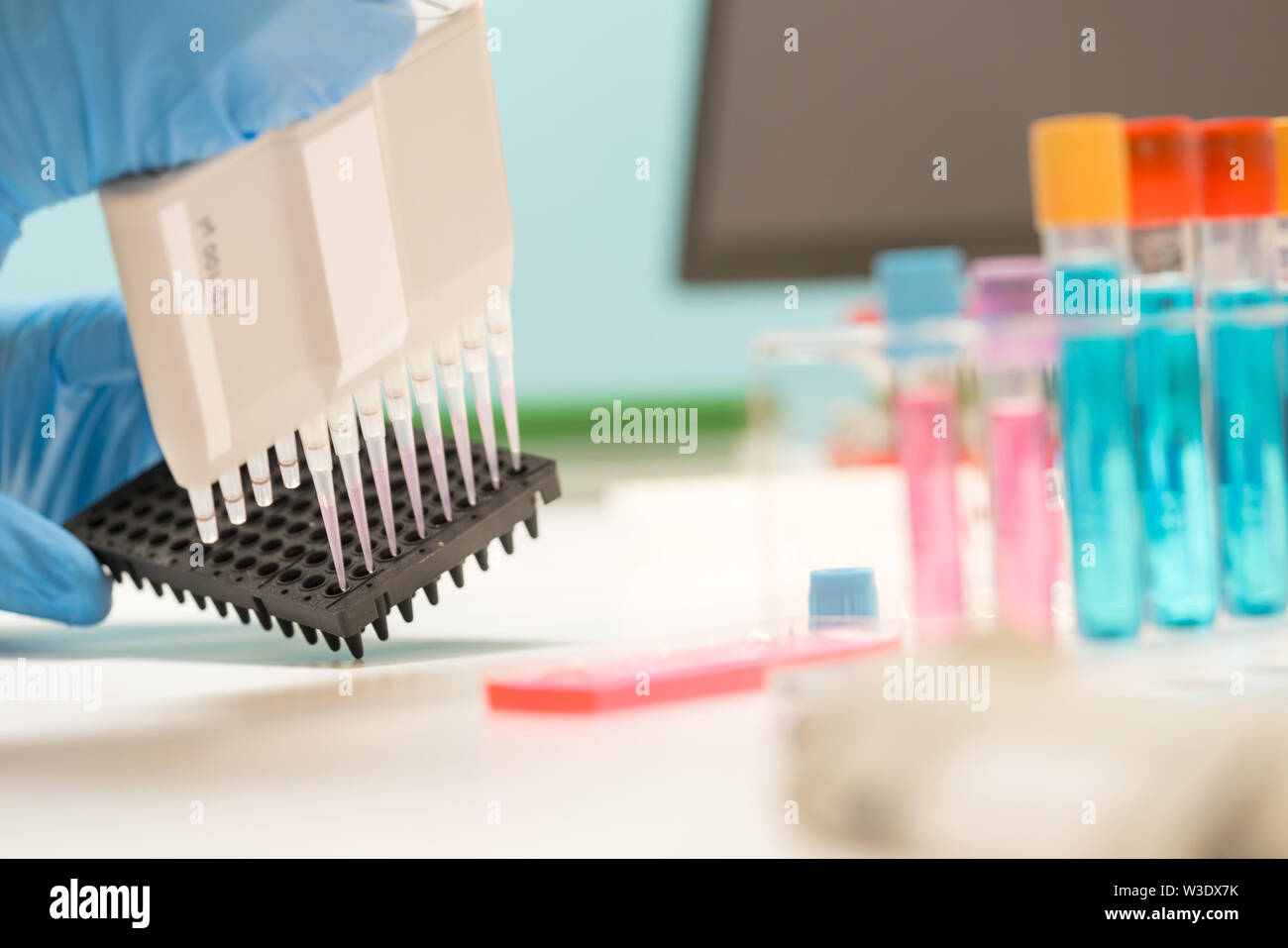 Laboratorio di ricerca genetica. Le piastre PCR e pipette multicanale Foto Stock