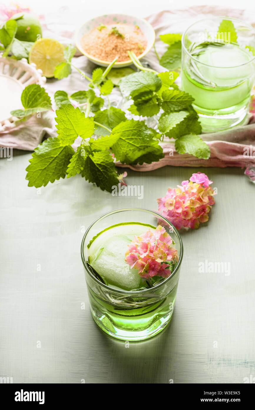 In estate potrete gustare bevande rinfrescanti . Green drink in vetro con il cubo di ghiaccio, il cetriolo e le erbe sul tavolo luminoso dello sfondo con ingredienti per una gustosa limonata o Foto Stock