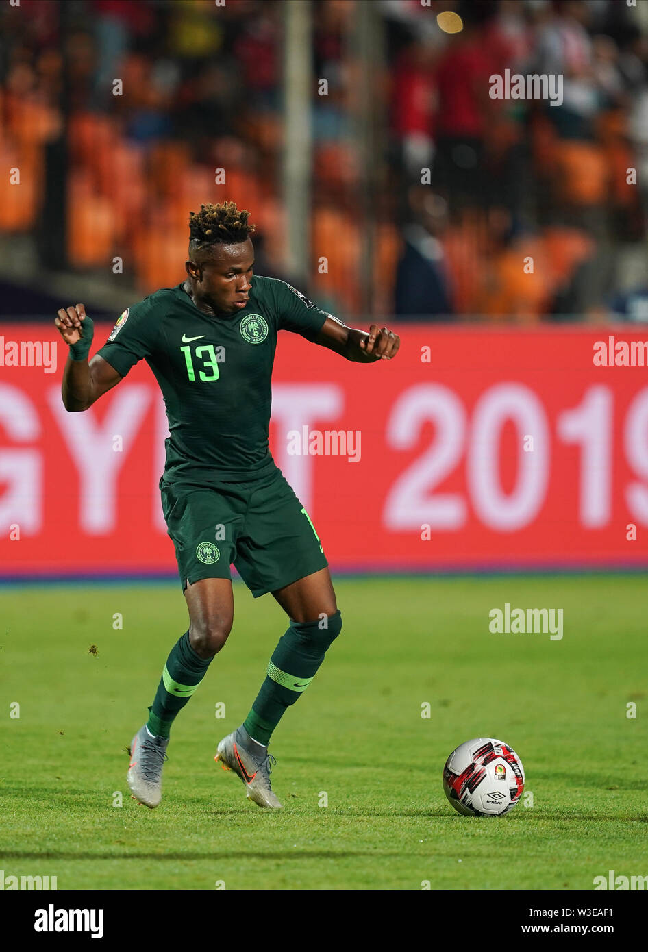 Il Cairo, Algeria, Egitto. 14 Luglio, 2019. La Francia luglio 14, 2019: Samuel Chimerenka Chukwueze della Nigeria durante il 2019 African Cup delle Nazioni match tra Algeria e Nigeria al Cairo International Stadium di Cairo, Egitto. Ulrik Pedersen/CSM/Alamy Live News Foto Stock