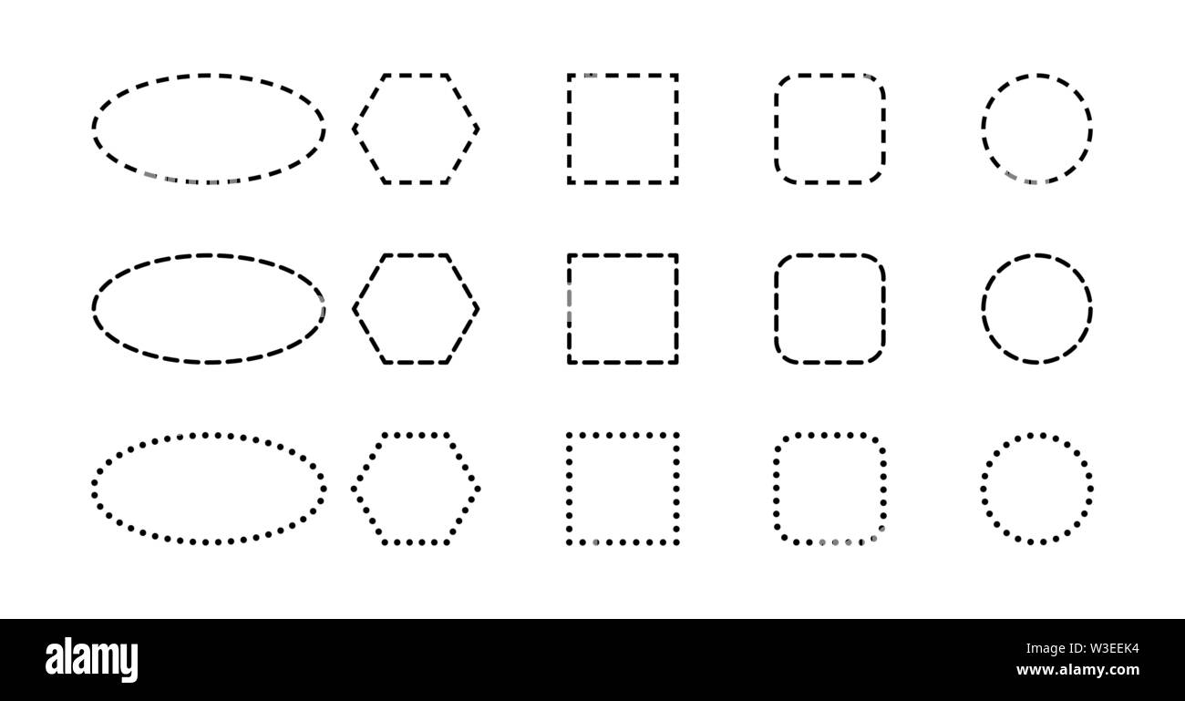 Set di forme geometriche. I contorni delle forme geometriche con linee tratteggiate. Illustrazione Vettoriale