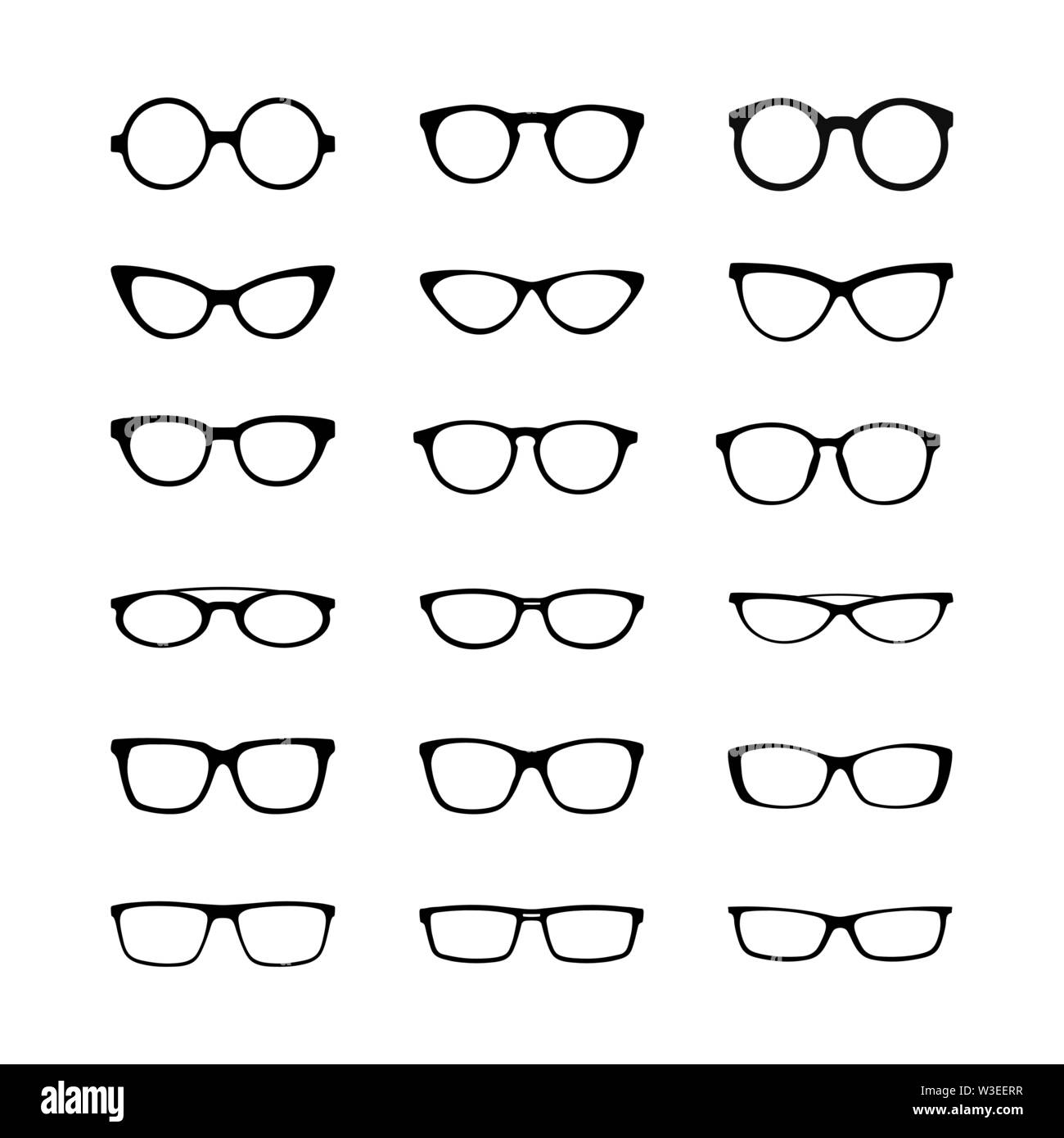 Set di immagini vettoriali. Montatura per occhiali, design piatto Illustrazione Vettoriale