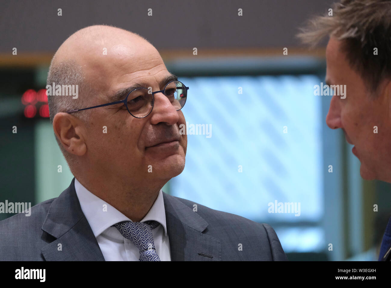 Bruxelles, Belgio, 15 luglio 2019. I ministri degli Affari Esteri di Grecia Nikos Dendias assiste in un Unione europea Consiglio Affari Esteri incontro. Credito: ALEXANDROS MICHAILIDIS/Alamy Live News Foto Stock