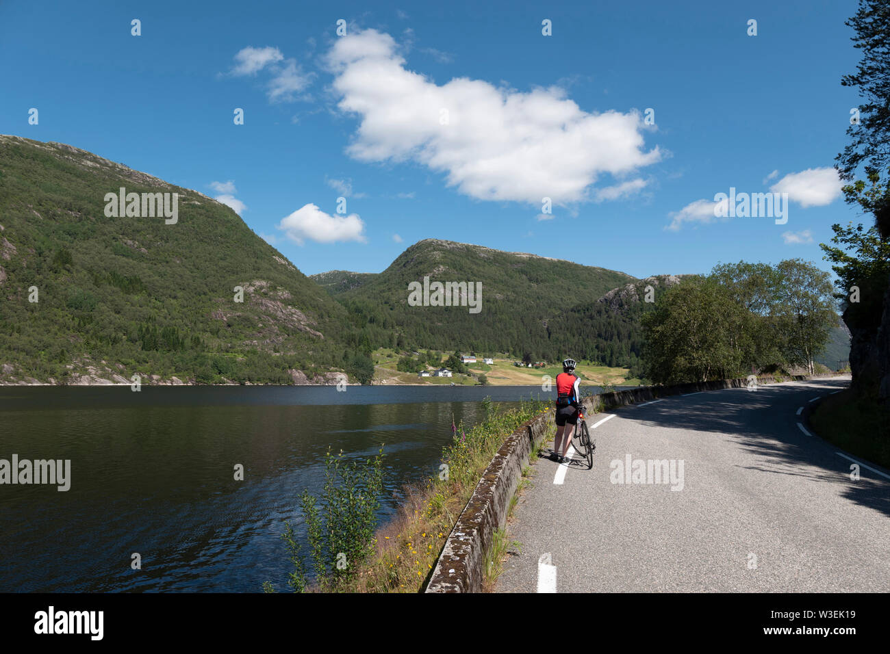 In bicicletta con il paesaggio circostante Sognefjord, Norvegia. Foto Stock