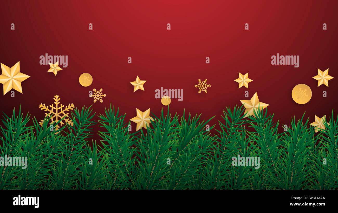 Buon Natale e felice anno nuovo biglietto di auguri sfondo. Illustrazione Vettoriale celebrazione di Natale con foglie di pino, stella,snowflake, decorazione su Illustrazione Vettoriale