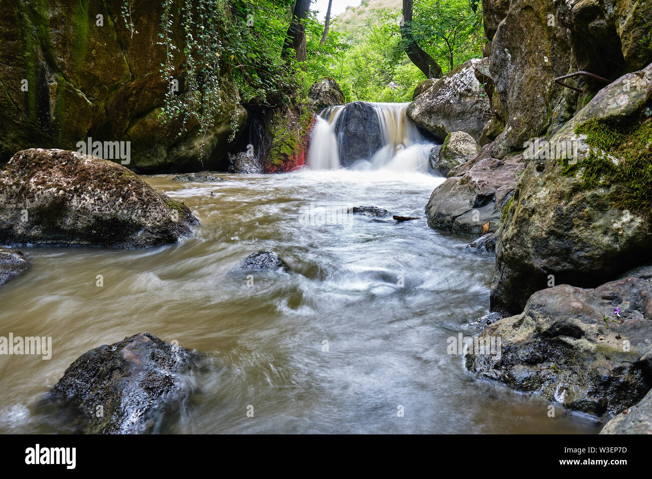 Una lunga esposizione foto di acqua fangosa che scorre tra le rocce in Tureni-Copaceni gorge, Romania. Foto Stock