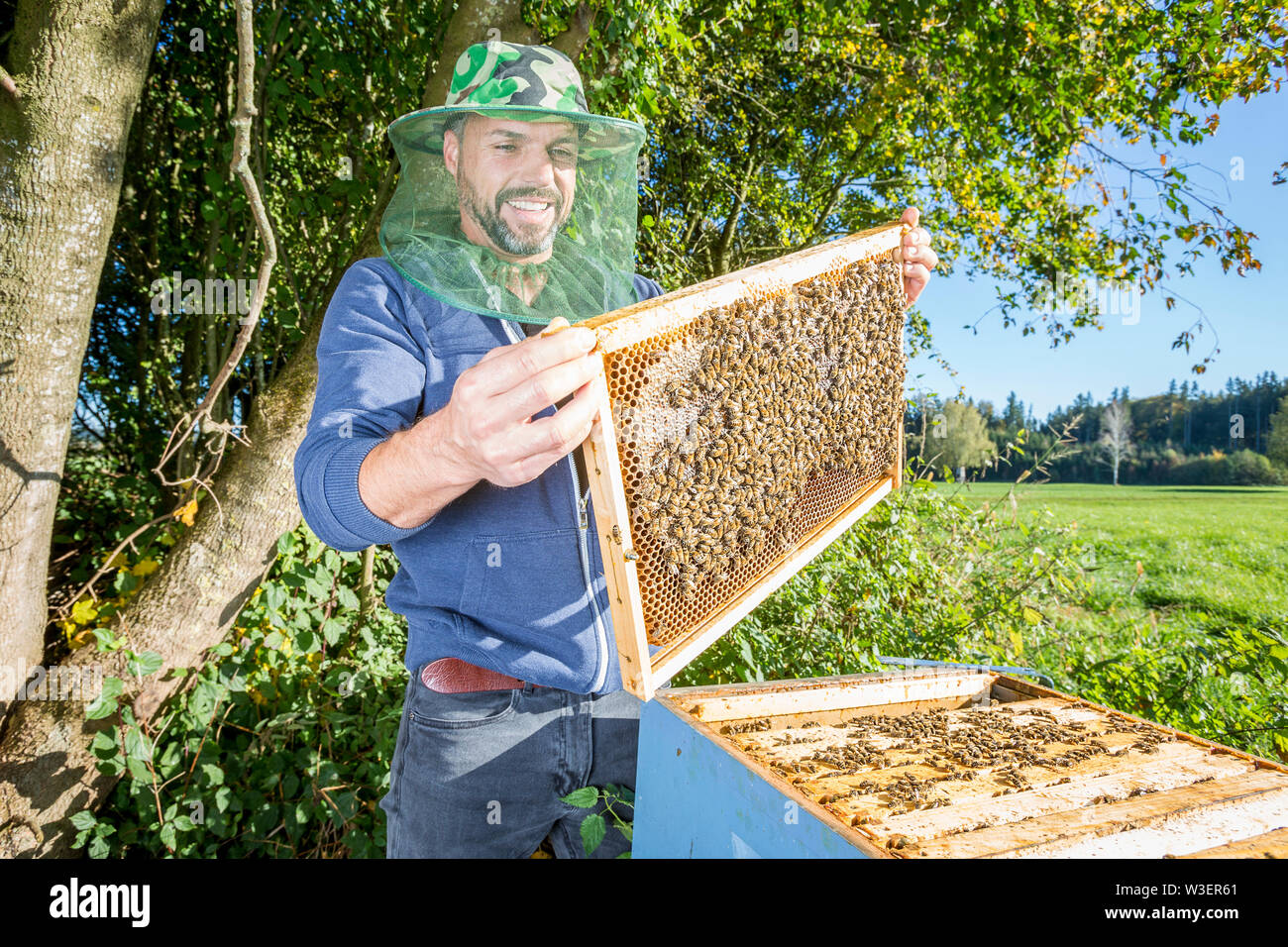 Ritratto di beekeper maschio con alveare Foto Stock