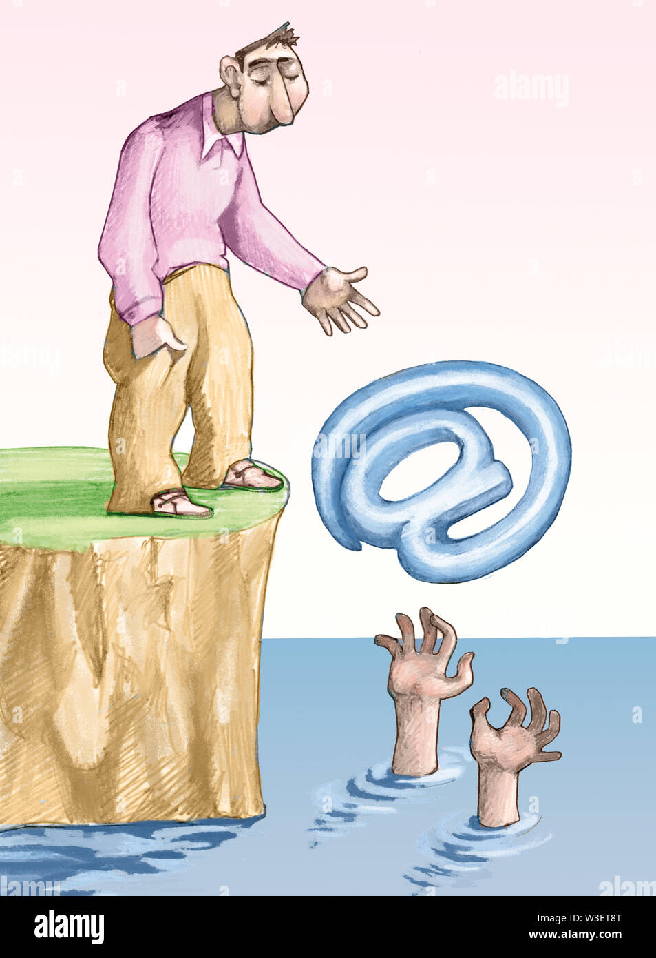 Mentre un uomo è affondata un altro invece di salvare lui pigramente lancia un ancora di salvezza che simboleggia la internet politico umoristico cartoon Foto Stock