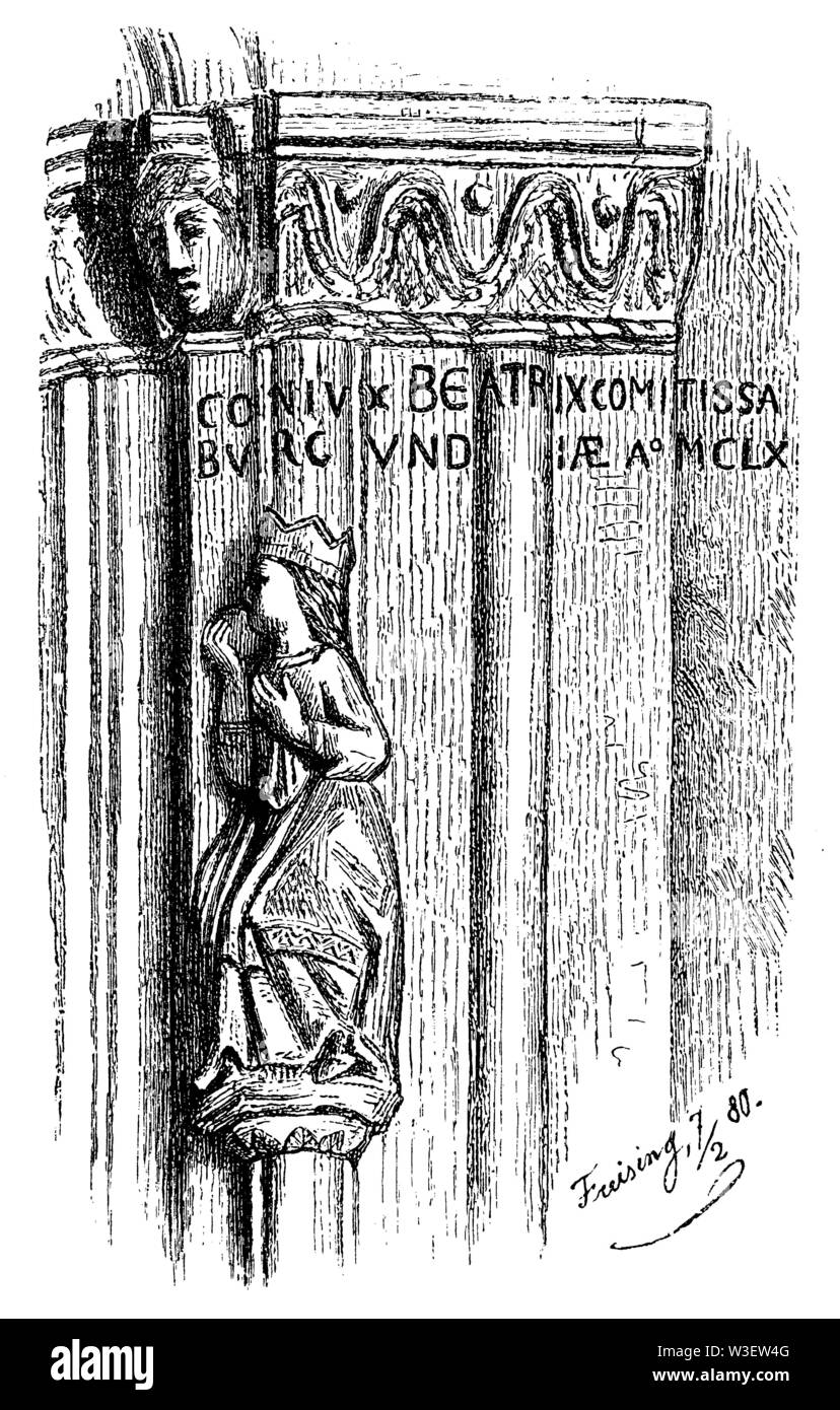 Friedrich Barbarossa la moglie Beatrix. La scultura presso la cattedrale di Freising, costruita con il suo sostegno, metà del XII secolo, 'Conjux Beatrix Comitissa Burgundiae a.o. MCLXI (1161), , Freising (libro di storia, 1899) Foto Stock