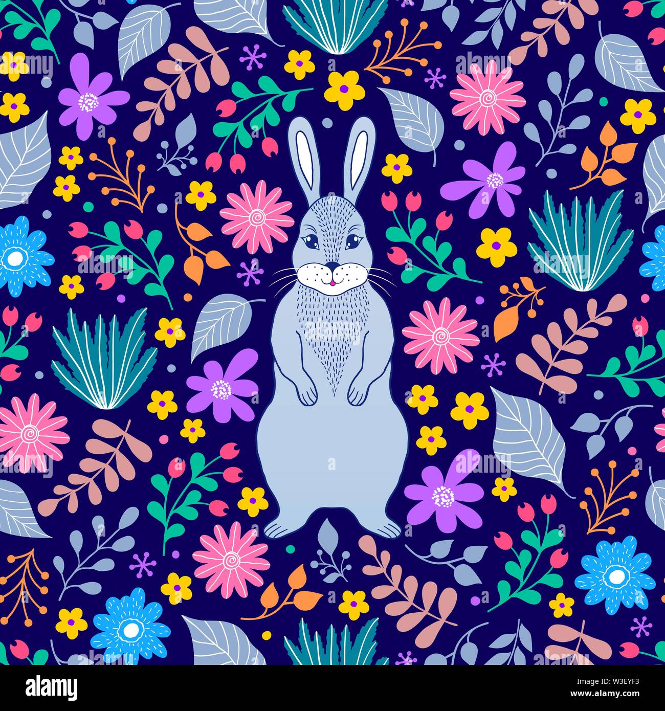 Modello senza cuciture con bunny e fiori su sfondo blu scuro Illustrazione Vettoriale