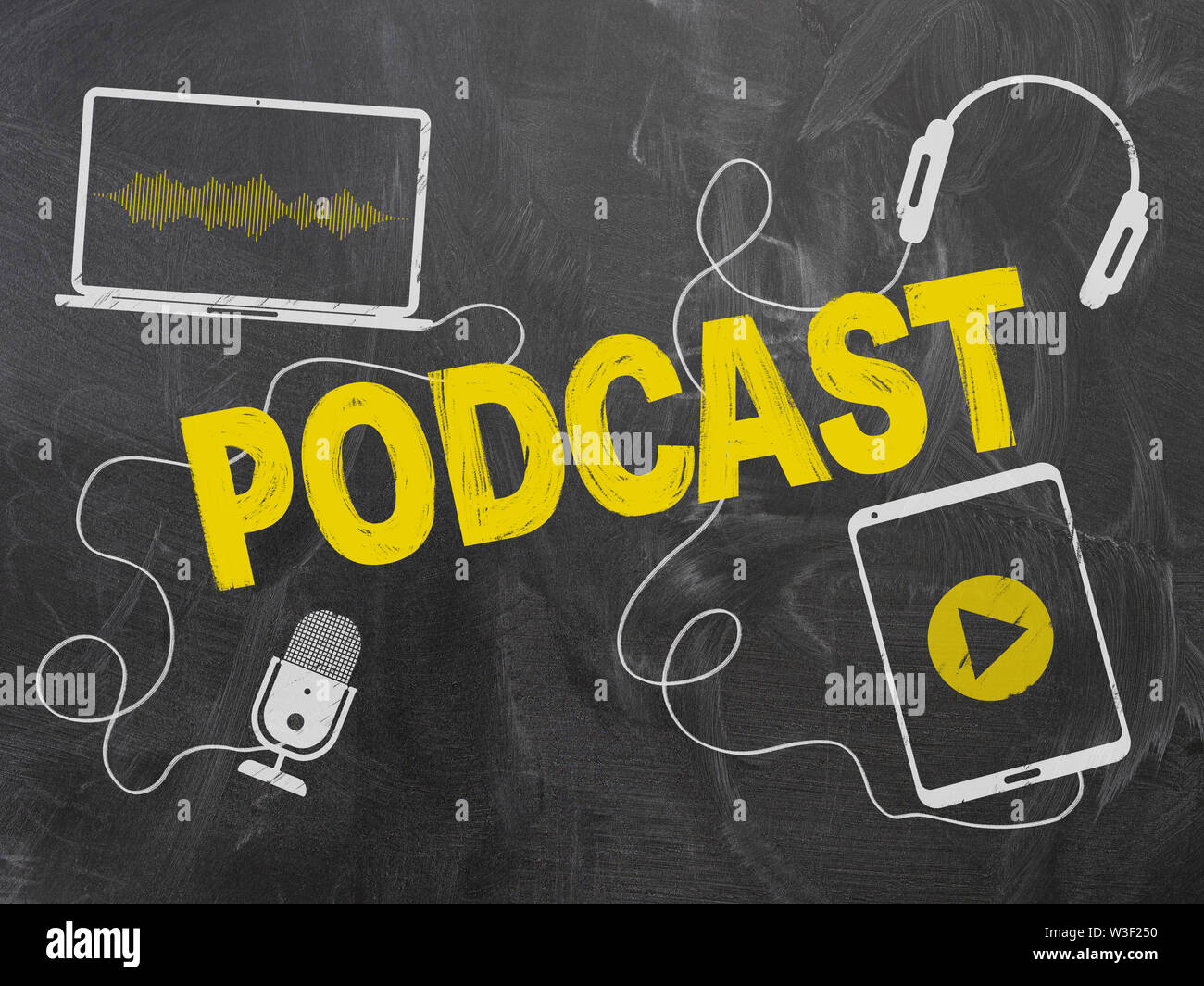 Il podcasting concetto sulla lavagna a fogli mobili o lavagna con microfono e cuffie Foto Stock