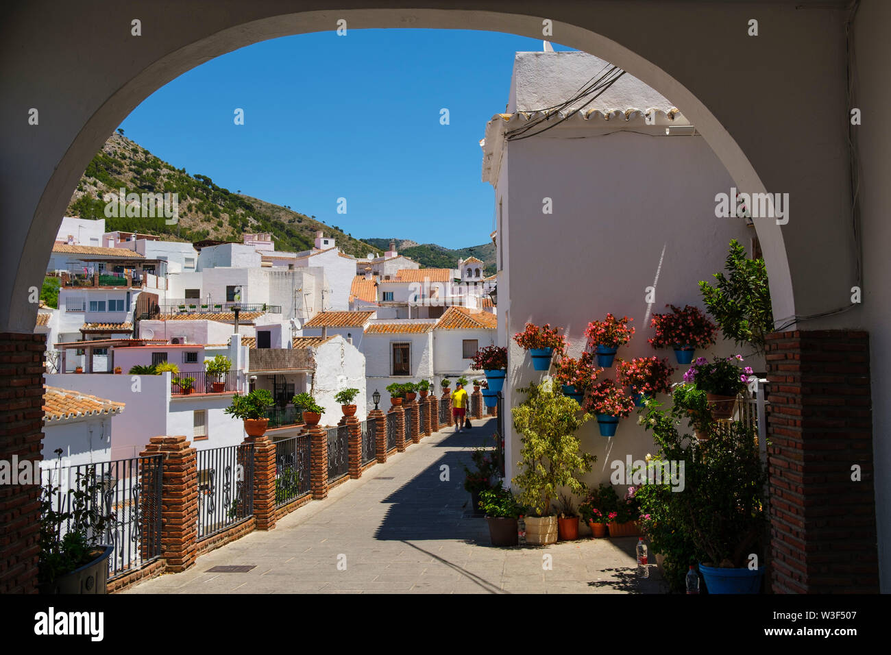 Strada tipica con fiori di colore bianco, villaggio di Mijas. Provincia di Malaga Costa del Sol. Andalusia, Spagna del Sud Europa Foto Stock