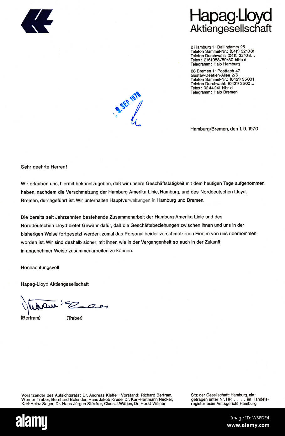 Papenburg - 2013.02.13: lettera di annuncio rilasciato dalla HAPAG-LLOYD AG per informare della fusione di hapag e norddeutscher lloyd su Settembre 01, 1970 Foto Stock