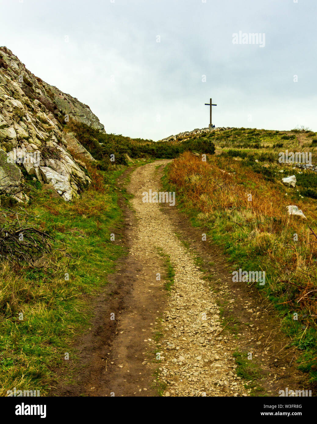 Un sentiero roccioso che conduce verso la croce situata in alto sulla cima di Bray Head nella contea di Wicklow, Irlanda Foto Stock