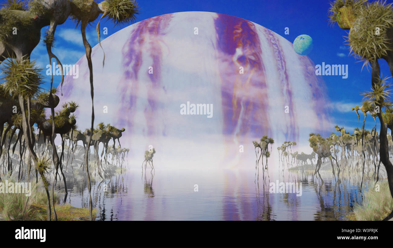 Bellissimo pianeta alieno paesaggio, exoplanet con strane piante e creature volanti Foto Stock