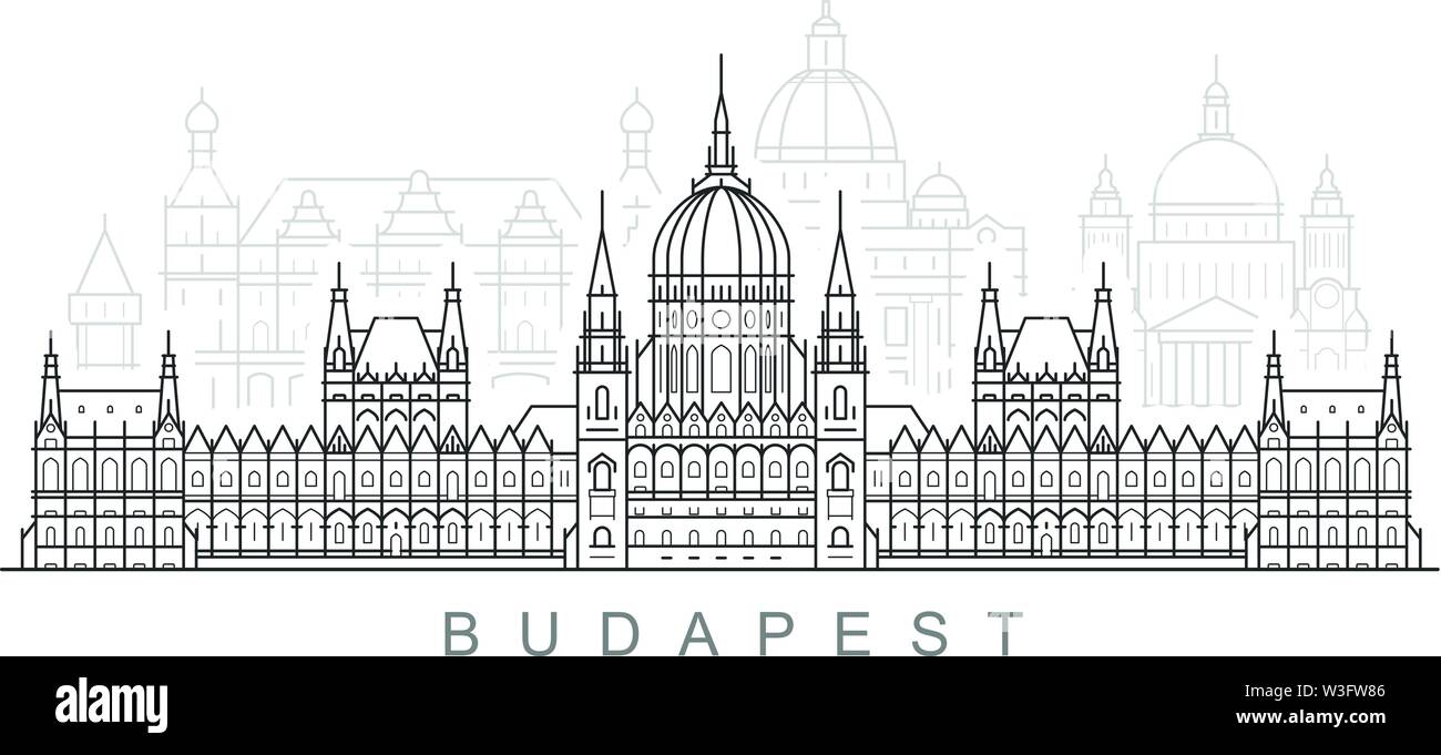 Budapest City skyline - parlamento ungherese edificio, paesaggio e monumenti di Budapest Illustrazione Vettoriale