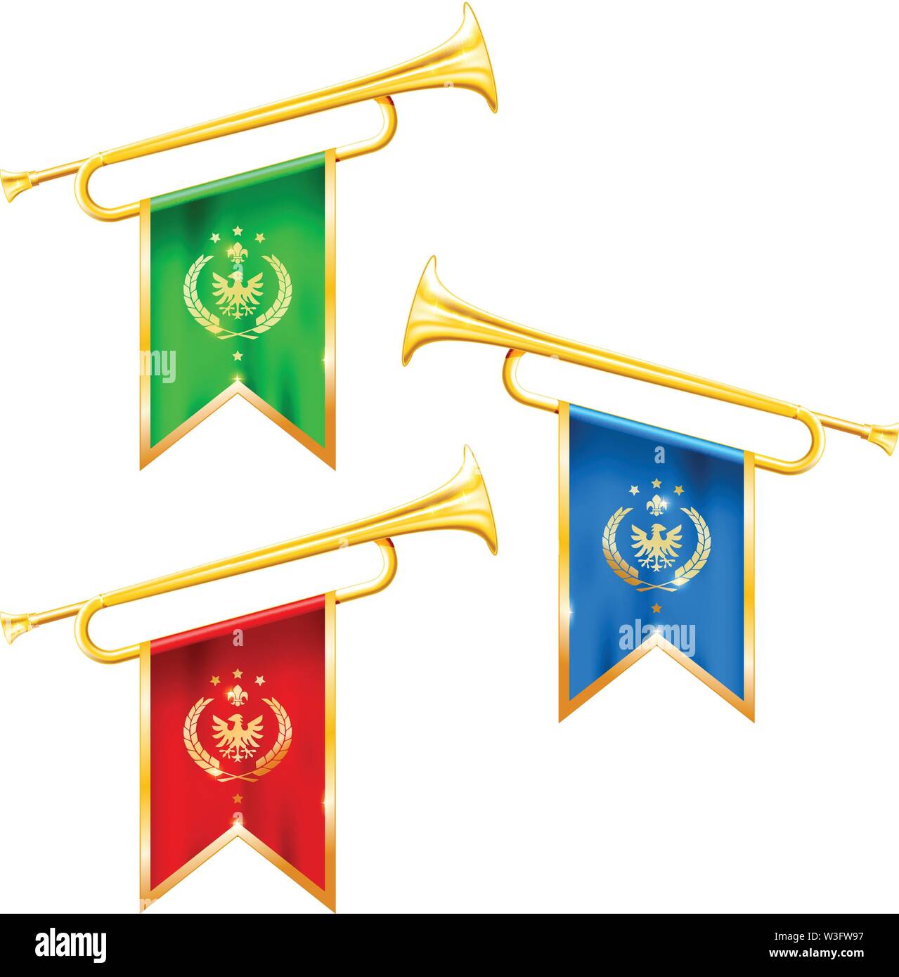 Fanfara di trombe con bandiere, gloria e fama di simbolo, trombe d'oro Illustrazione Vettoriale