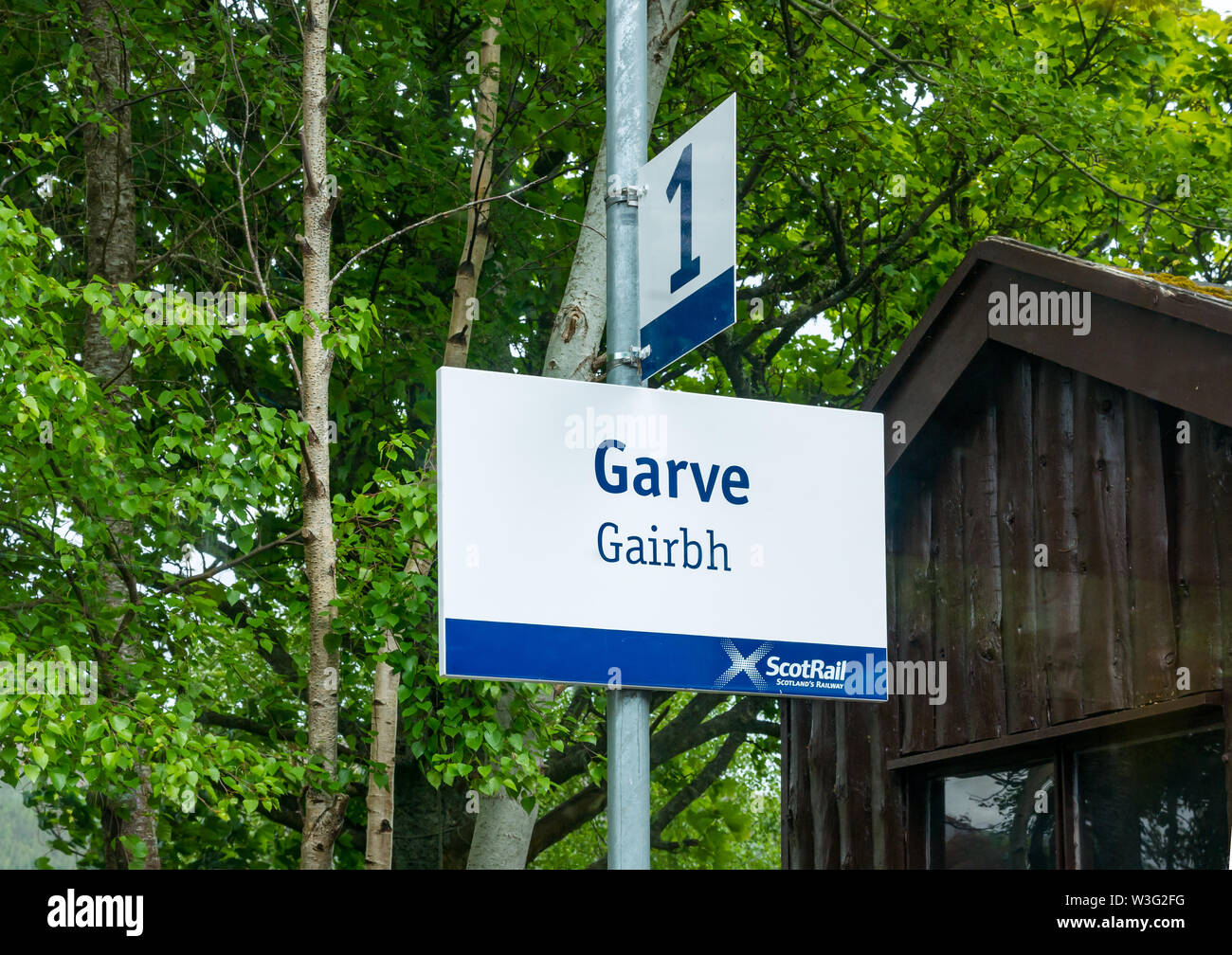 Garve ScotRail stazione ferroviaria nome sign, Highlands, Scotland, Regno Unito Foto Stock