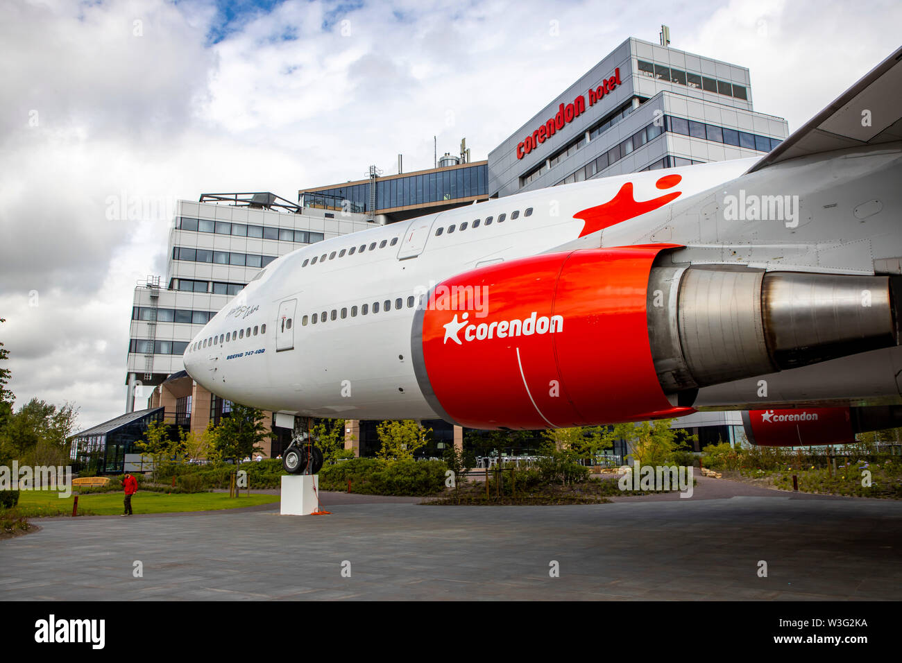 Corendon Village Hotel, all'Aeroporto di Amsterdam Schiphol, ex KLM Boeing 747-400, jumbo jet, nel parco del complesso alberghiero, saranno convertiti in Foto Stock