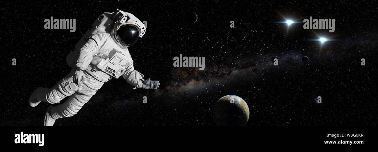 Astronauta in un lontano sistema stellare binario, spacewalk tra pianeti alieni (3d la scienza illustrazione banner) Foto Stock