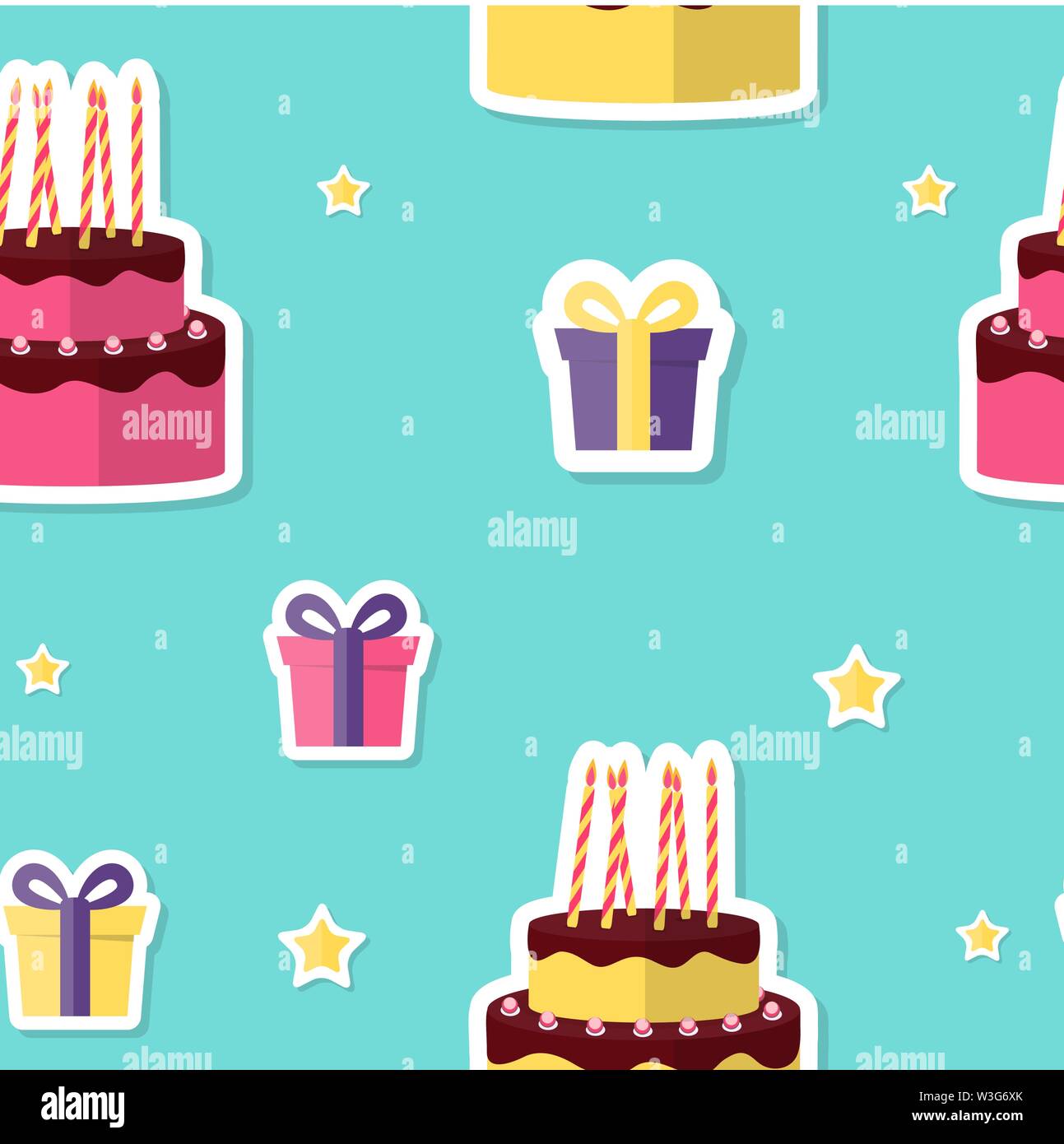 Buon compleanno Seamless Pattern sfondo con torta e confezione regalo. Illustrazione Vettoriale Illustrazione Vettoriale