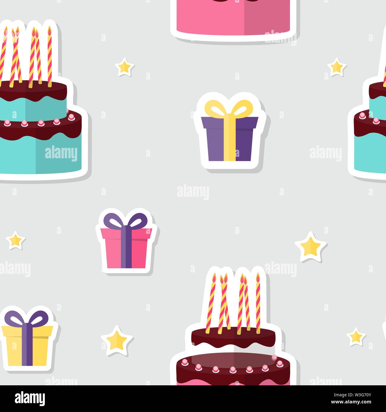 Buon compleanno Seamless Pattern sfondo con torta e confezione regalo. Illustrazione Vettoriale Illustrazione Vettoriale