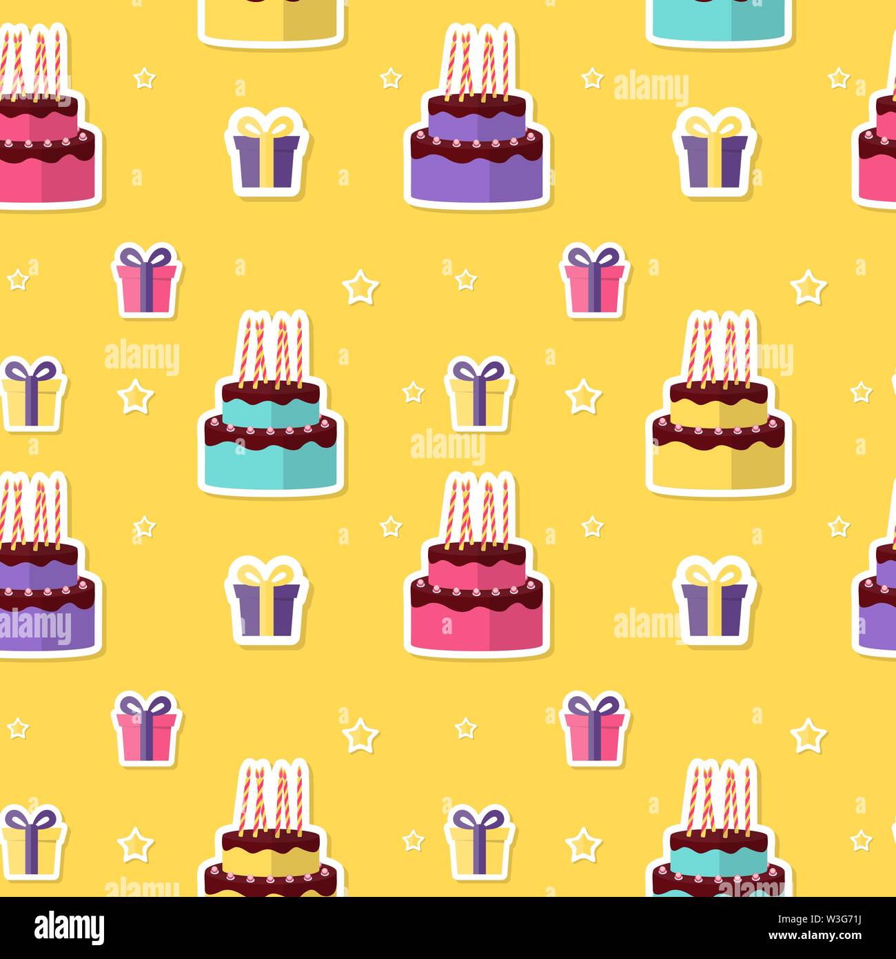 Buon compleanno Seamless Pattern sfondo con torta e confezione regalo. Illustrazione Vettoriale Illustrazione Vettoriale