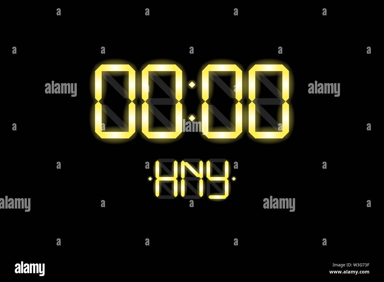 Scheda Happy New Year con display lcd elettronico con numeri di orologio 0000 e lettere gradiente giallo oro HNY su sfondo nero. Buon Natale invito vettore illustrazione Illustrazione Vettoriale