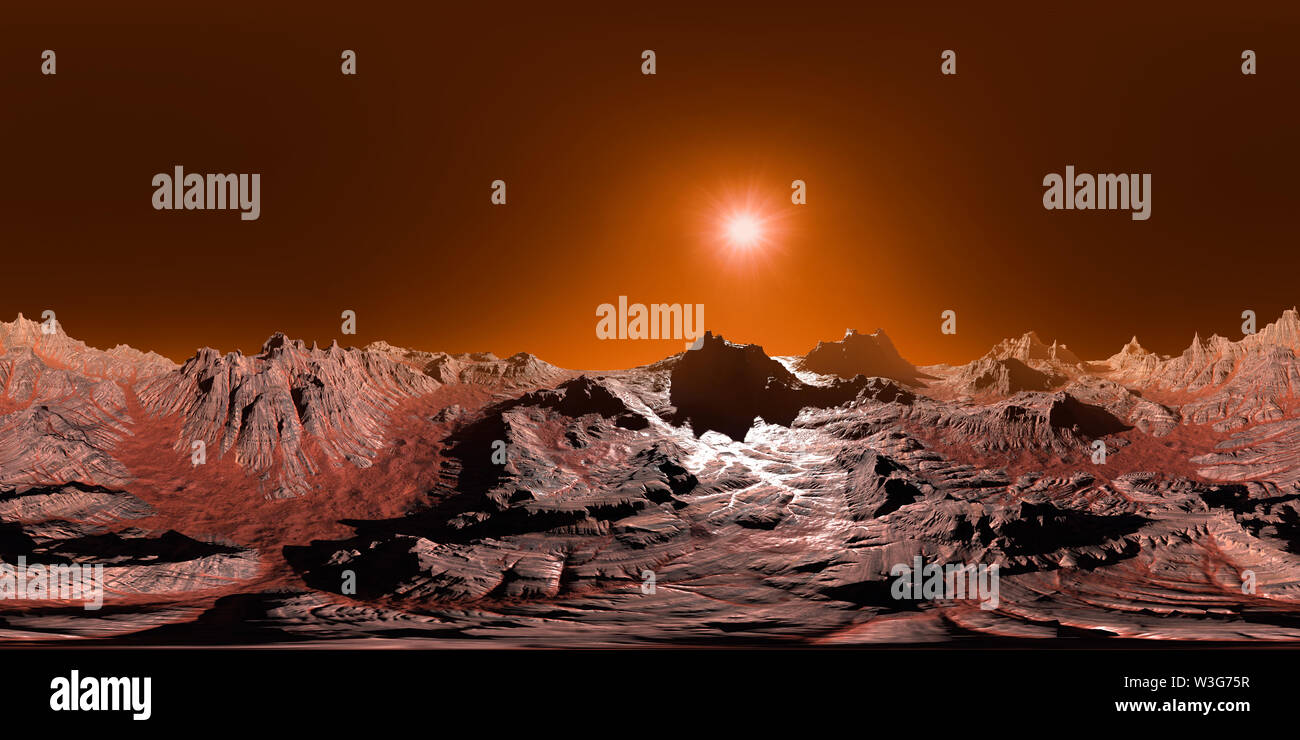 La superficie del pianeta Marte, 8K HDRI mappa, ambiente sferico panorama sullo sfondo, la sorgente di luce illustrazione (3D render equirettangolare) Foto Stock