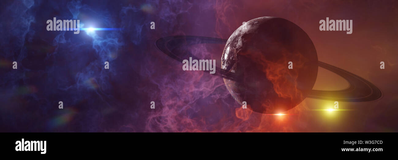 Misterioso pianeta alieno, exoplanet in un triplo sistema star (3d la scienza illustrazione banner) Foto Stock