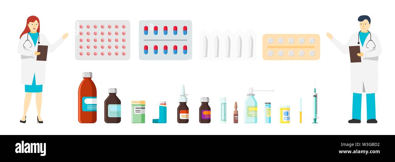 Prescrizione medica pillola flacone farmacia compressa farmaco negozio set. Capsule di medicina spray e donne maschili dottori. Illustrazione vettoriale piatta dei farmaci per la terapia sanitaria Illustrazione Vettoriale