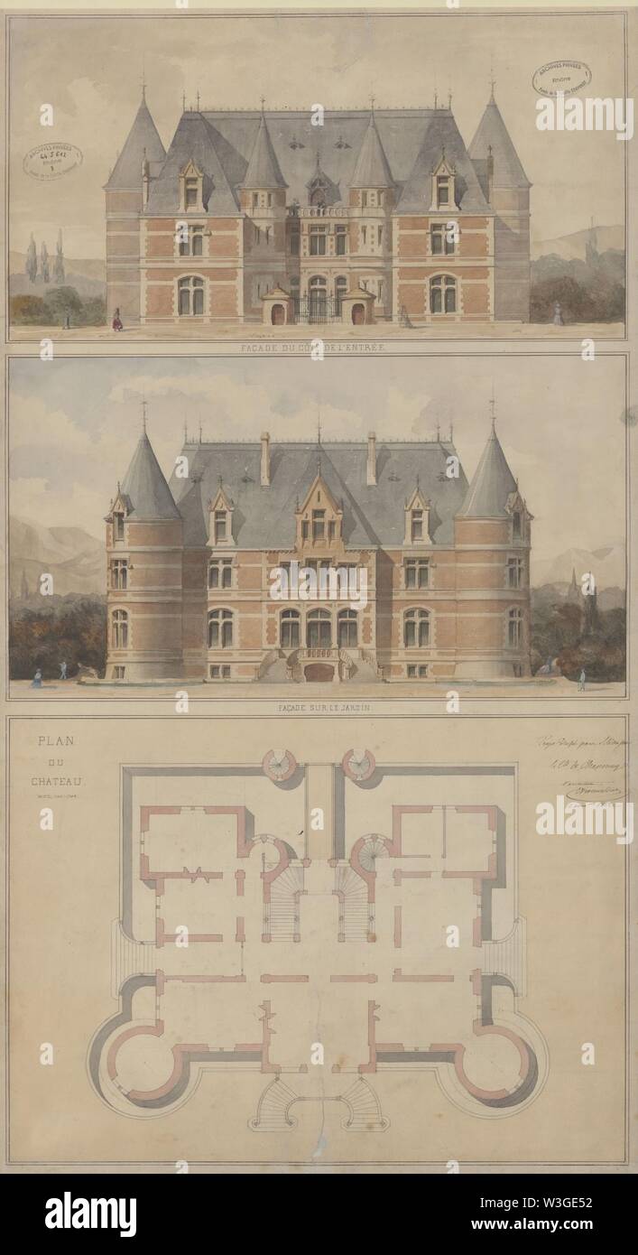 Château de la Flachère, facciate nord et sud, piani au sol, dessins aquarellés signés Viollet-le-Duc, 1862 03. Foto Stock