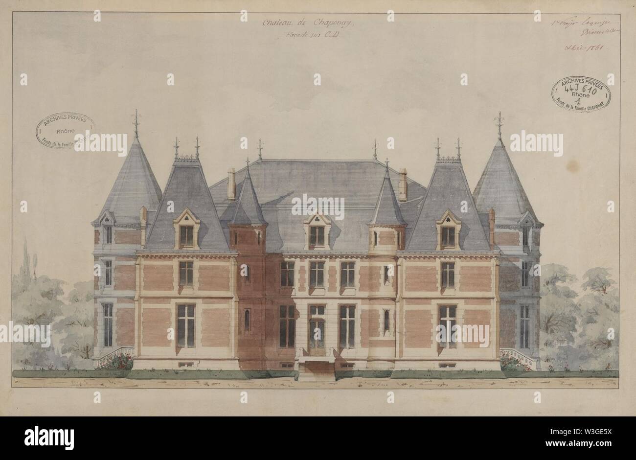 Château de la Flachère, facciate sud et latérales, dessins aquarellés signés Viollet-le-Duc, 1861 01. Foto Stock