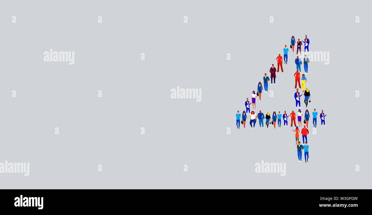 La gente di affari folla raccolta in numero quattro 4 forma il gruppo operatori in piedi insieme i social media nozione comunitaria a piena lunghezza Illustrazione Vettoriale