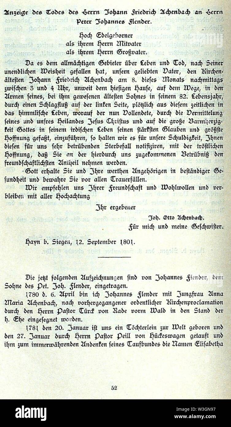 CHRONIK DER FAMILIE FLENDER, Ludwig Voss (Verlag), Düsseldorf 1900, S. 52. Foto Stock