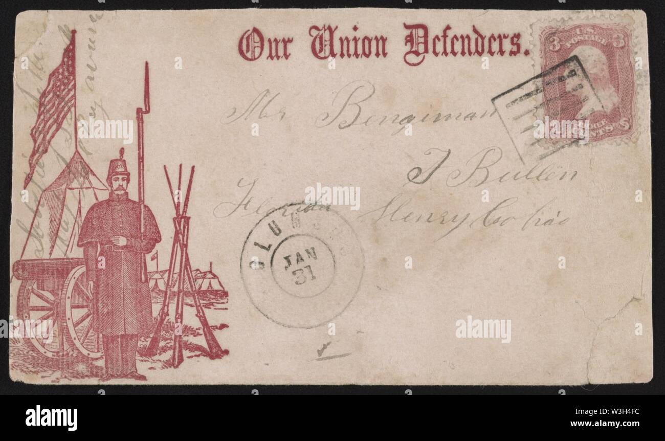 La guerra civile che mostra inviluppo soldato in piedi all attenzione di CAMP con il messaggio 'La nostra Unione difensori' Foto Stock