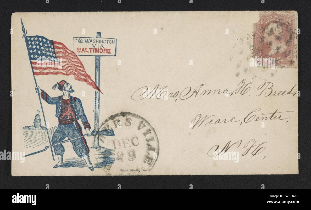 La guerra civile che mostra inviluppo Zouave soldato con bandiera americana e il fucile di fronte a firmare con il messaggio 'via Washington Baltimore' Foto Stock