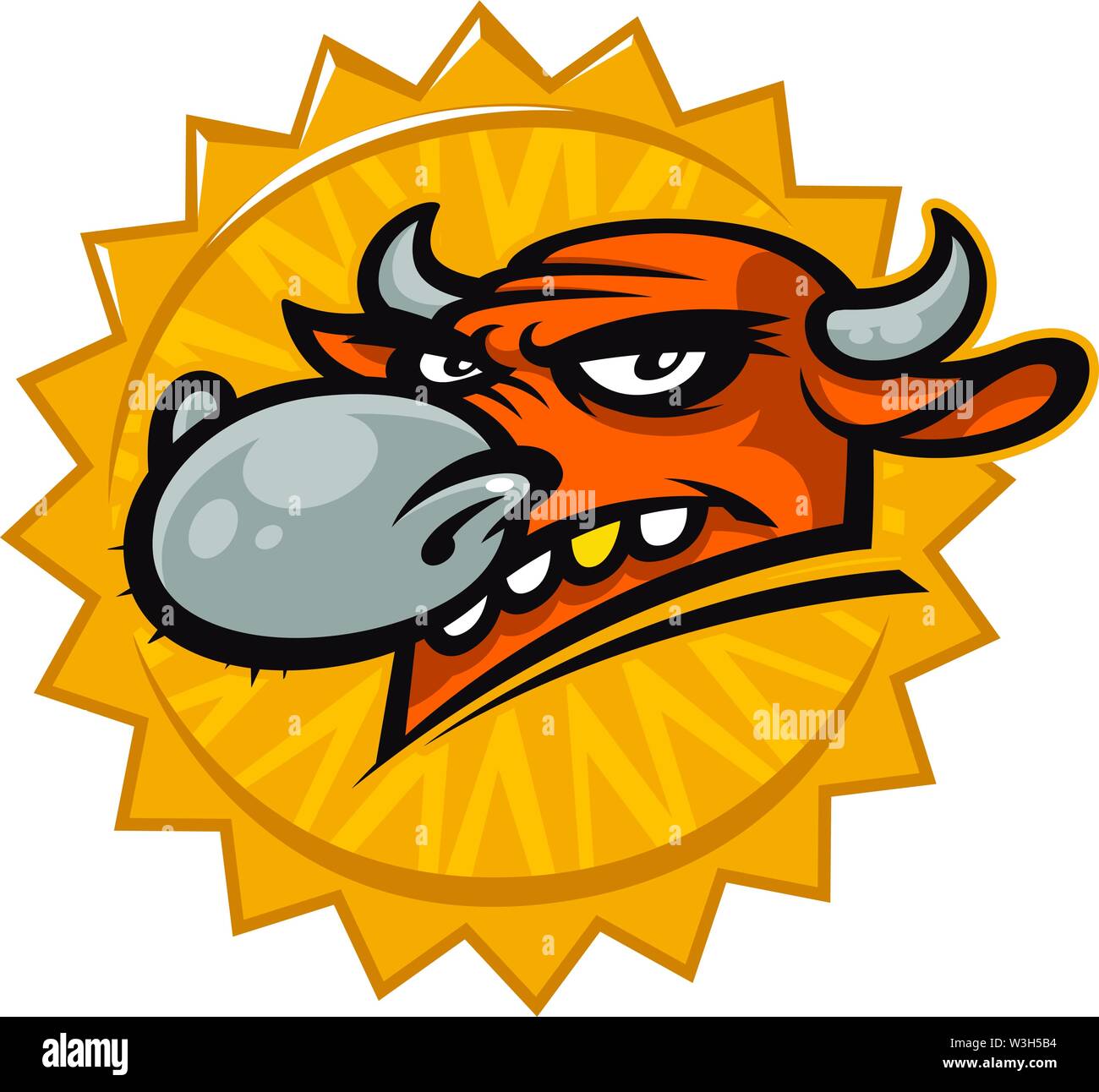 Cartoon testa di un toro. Illustrazione vettoriale di una mascotte di testa. Emblema per la stampa. Un cornuto graziosi animali. Immagine è isolato su sfondo bianco. Illustrazione Vettoriale