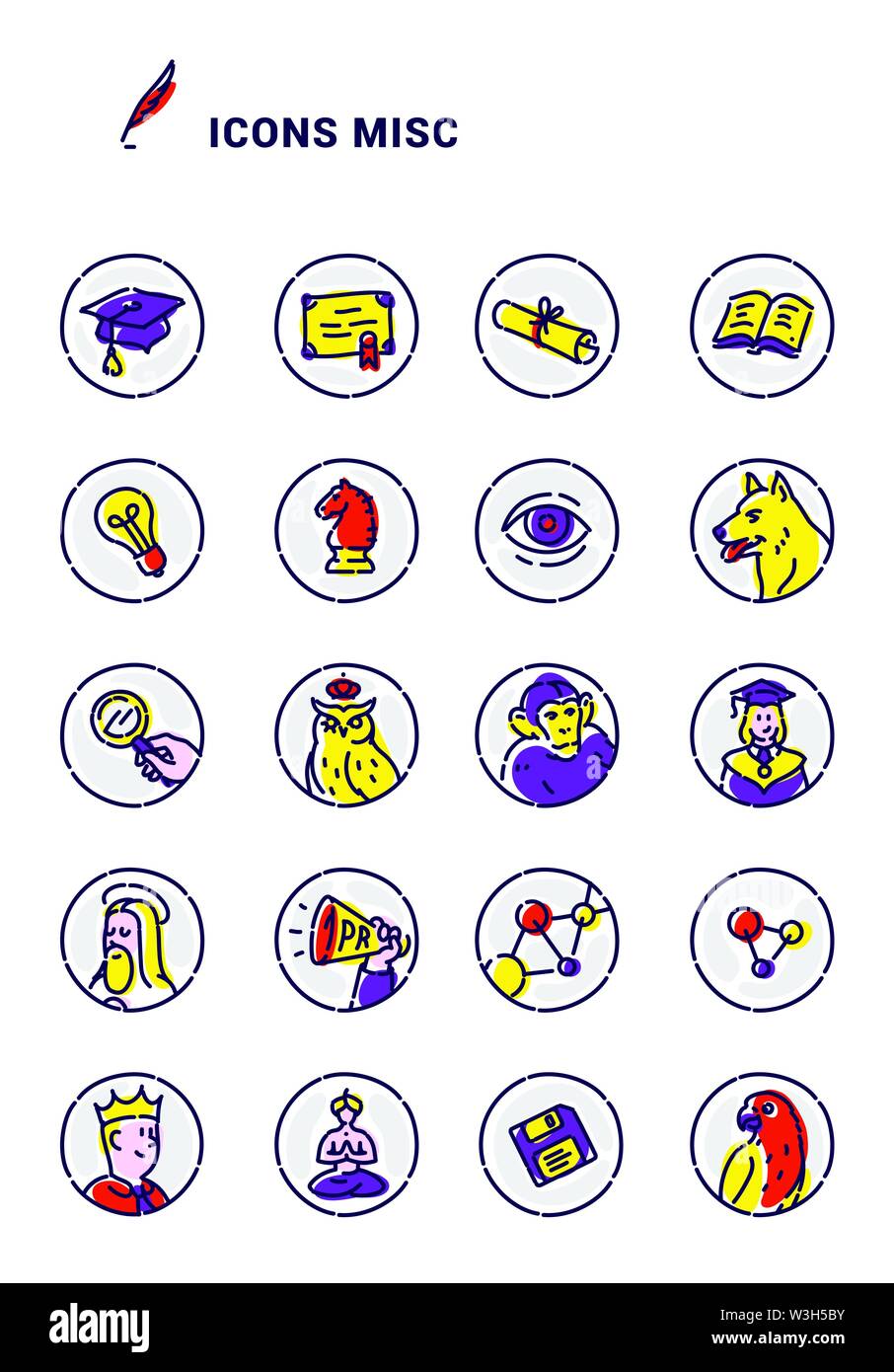 Set di icone vettoriali su diversi argomenti. Round delineato le icone su sfondo bianco. Ready-made impostata per il sito web e presentazioni. Può essere utilizzato per prin Illustrazione Vettoriale