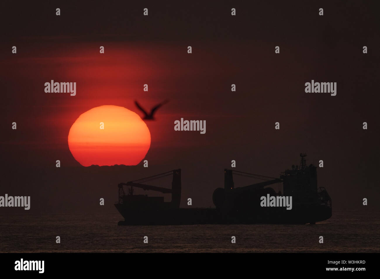 Il sole sorge attraverso la foschia sopra una BBC Fuji Nave cargo ancorato solo della costa nord est di Tynemouth a. Picture Data: martedì 16 luglio, 2019. Un Eclissi lunare parziale è impostata in modo da essere visibili attraverso parti del Regno Unito il martedì, se chiaro meteo e condizioni tenere fino. Vedere PA storia Meteo Sunrise. Foto di credito dovrebbe leggere: Owen Humphreys/PA FILO Foto Stock