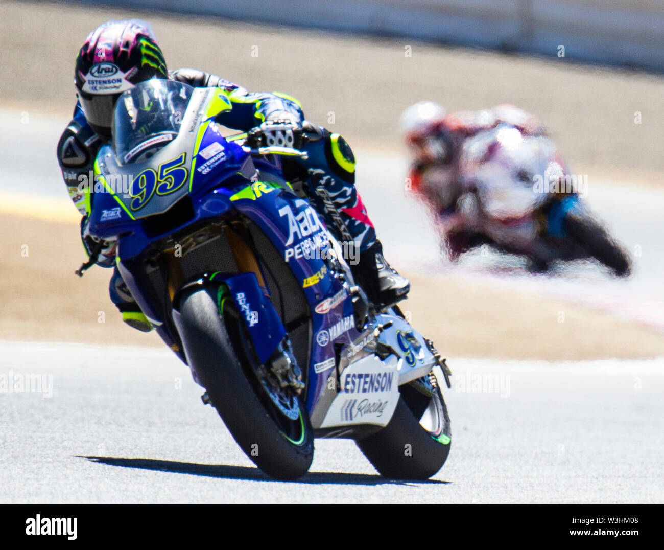 Monterey, CA, Stati Uniti d'America. 13 Luglio, 2019. Un # 95 JD Beach proveniente in giro 4 durante la MotoAmerica SuperBike Gara 2 a Weathertech Raceway Laguna Seca Monterey, CA Thurman James/CSM/Alamy Live News Foto Stock