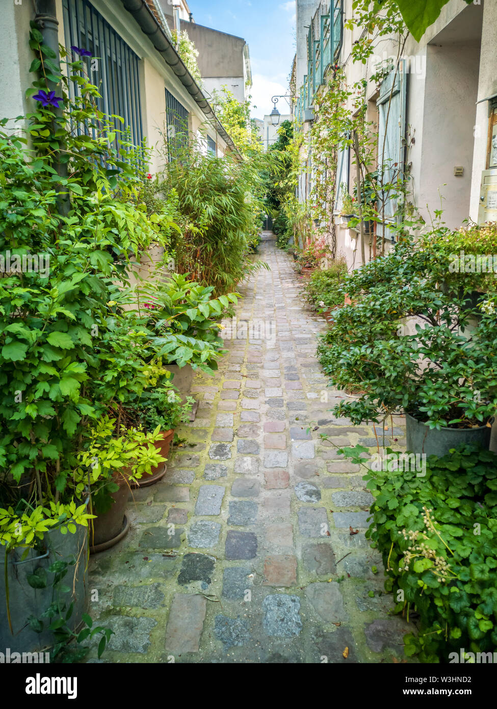 Vasi di piante in un piccolo acciottolate dead-end street a Parigi, Francia Foto Stock