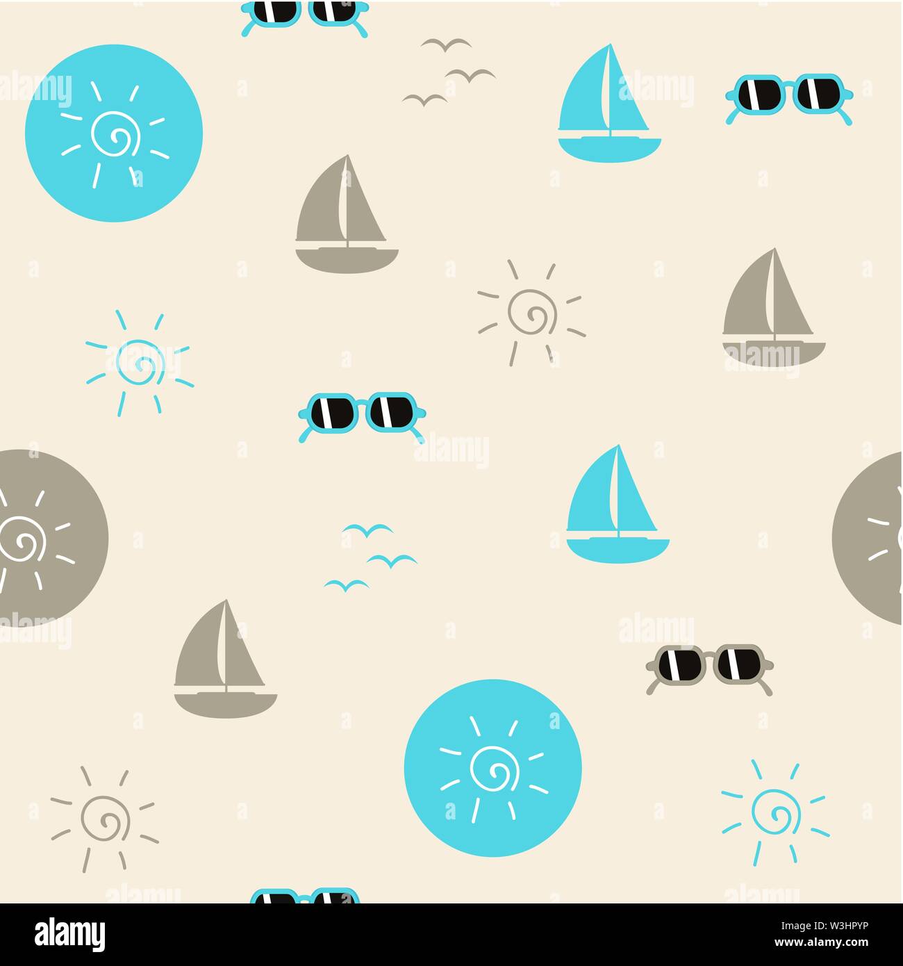 Modello di perfetta vita di spiaggia barca vela occhiali da sole e simbolo del sole illustrazione vettoriale EPS10 Illustrazione Vettoriale