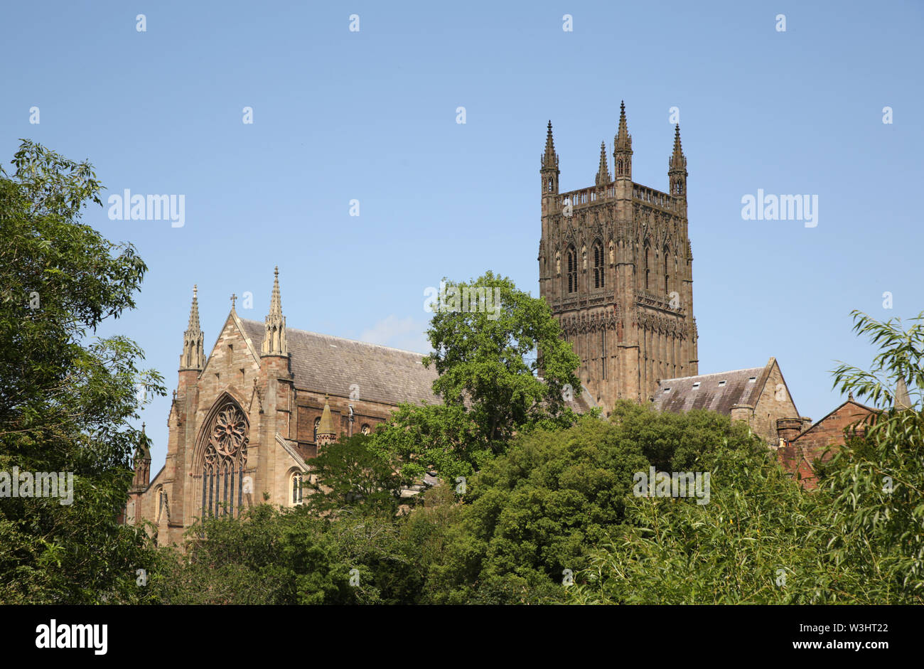 Vista della cattedrale di Worcester dal lato opposto del fiume Severn, Worcestershire, Inghilterra, Regno Unito. Foto Stock