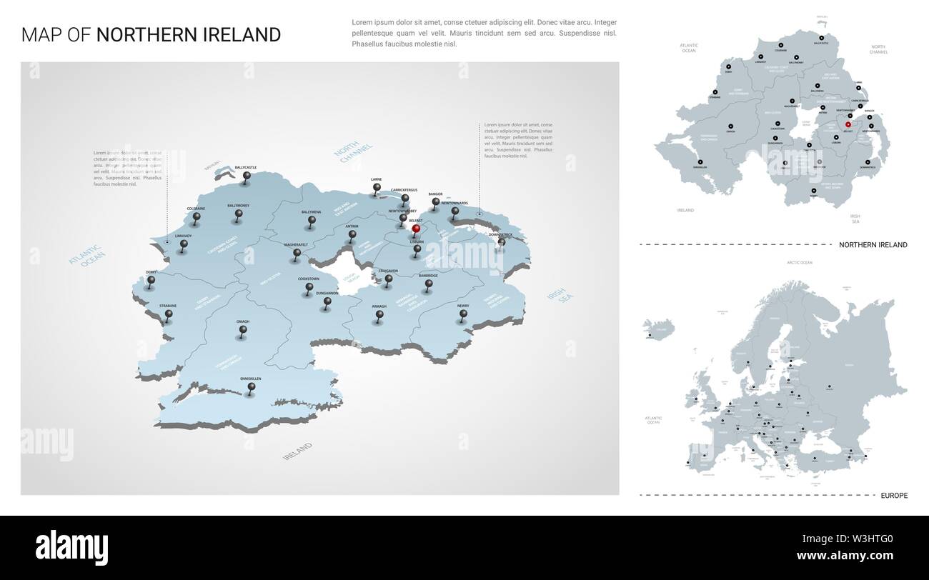 Set di vettore di Irlanda del nord paese. Vista isometrica mappa in 3d, l'Irlanda del Nord mappa, mappa dell'Europa - con regione, stato nomi e nomi di città. Illustrazione Vettoriale