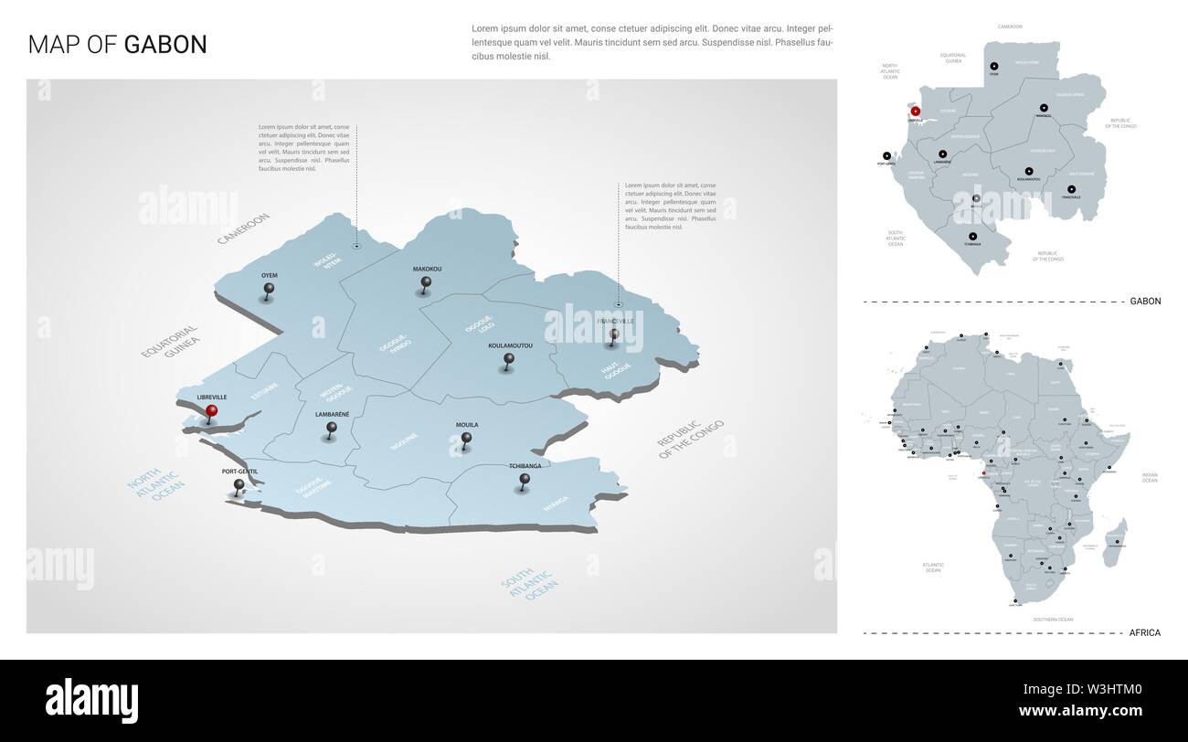 Set di vettore del Gabon paese. Vista isometrica mappa in 3d, il Gabon Map, mappa Africa - con regione, stato nomi e nomi di città. Illustrazione Vettoriale