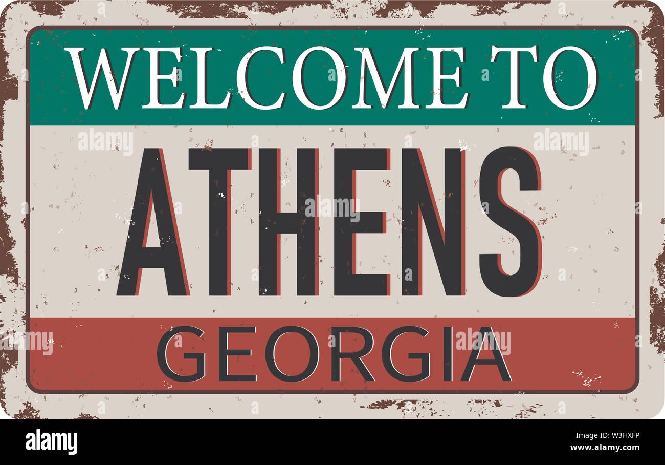 Benvenuti ad Atene la Georgia vintage metallo arrugginito segno su uno sfondo bianco, illustrazione vettoriale Illustrazione Vettoriale