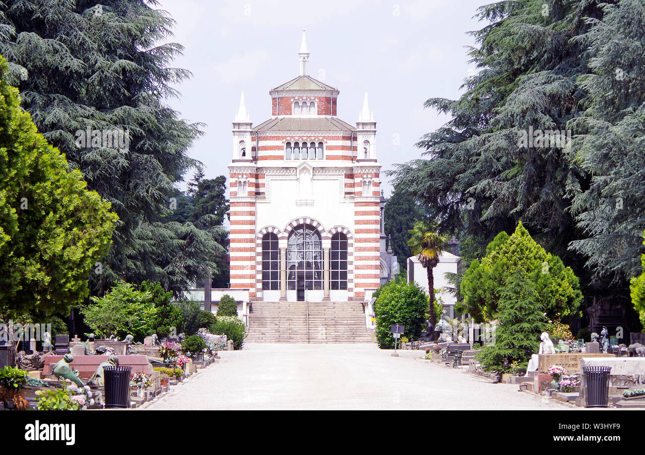 Cimitero Monumentale di Milano Italia, uno dei più grandi cimiteri d'Europa, i dettagli dei memoriali etc,vista giù asse centrale per la cappella Foto Stock