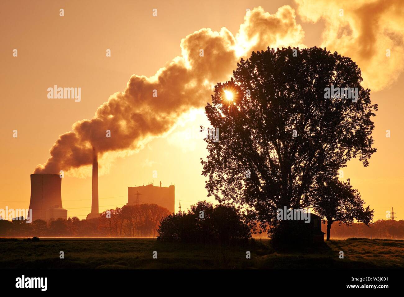 Heyden power plant di sunrise, impianto alimentato a carbone, il riscaldamento globale, carbone phase-out, Petershagen, Nord Reno-Westfalia, Germania Foto Stock
