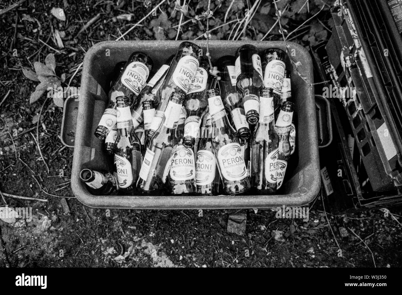 I vassoi vuoti di bottiglie di birra in attesa di essere raccolti dal carrello di riciclaggio, Medstead, Hampshire, Inghilterra, Regno Unito. Foto Stock