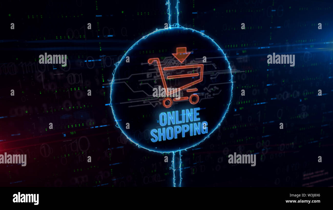 Simbolo carrello ologramma dinamico in cerchio su sfondo digitale. Un concetto moderno di vendite on-line, internet business, marketing di rete ed e-comm Foto Stock